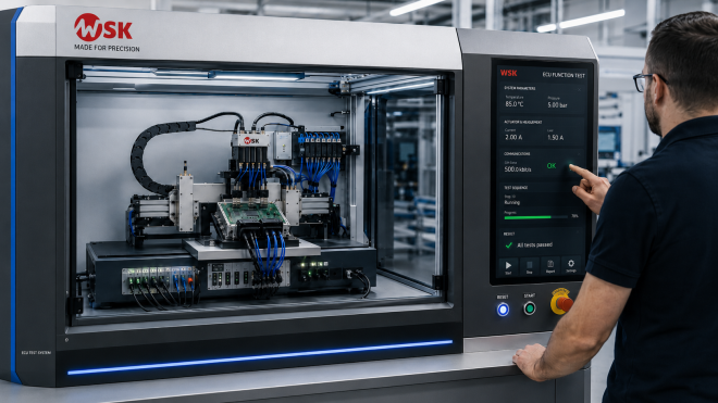 Moderner WSK-Prüfstand in einer industriellen Fertigungsumgebung. Ein Techniker bedient den Touchscreen, während im Inneren der Maschine eine elektronische Steuereinheit mit angeschlossenen Kabeln und Prüfmodulen getestet wird.