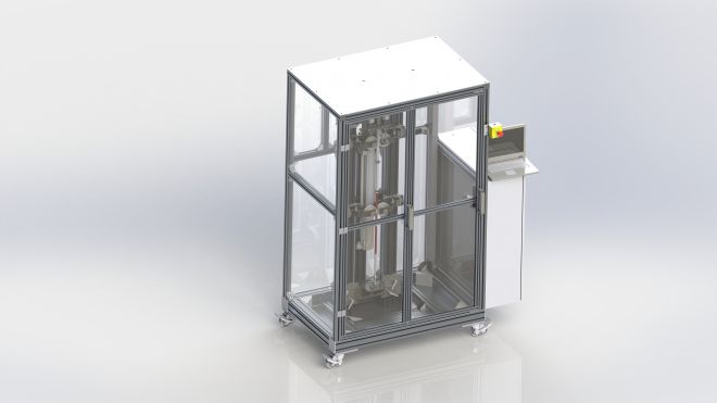 Rendering eines Einzel- und Dauerprüfstands mit transparentem Schutzgehäuse, integrierter Prüfvorrichtung und seitlichem Bedienpult zur Überwachung wiederholter Belastungstests.
