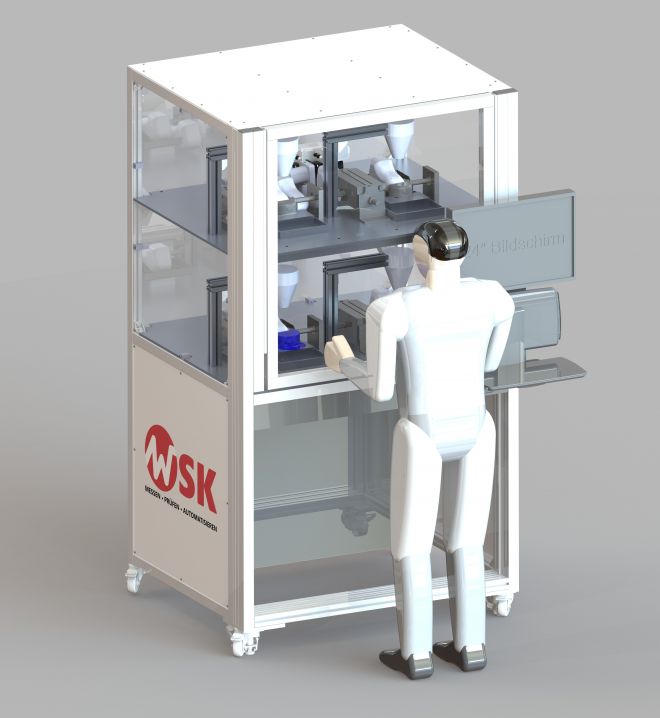 3D-Visualisierung eines Materialerprobungsprüfstands von WSK mit transparentem Gehäuse, Bedienperson und integriertem Prüfbereich.