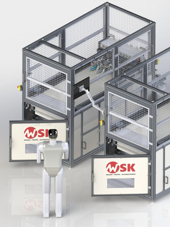 Automatisierte industrielle Prüfanlage mit Schutzumhausung, Bedienbereich und verketteten Prüfstationen.