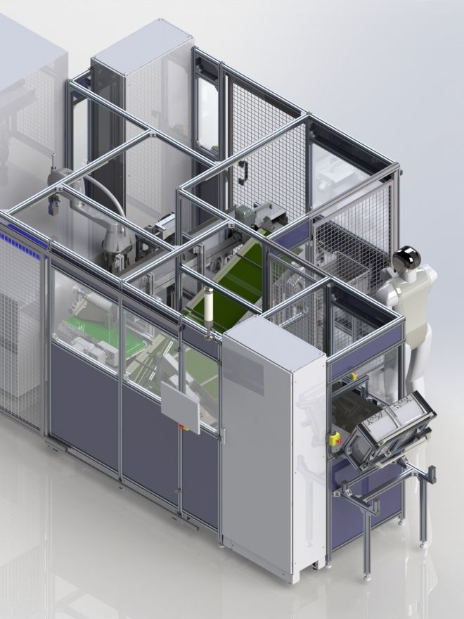 Automatisierte Prüf- und Fertigungsanlage mit Fördertechnik, Schutzumhausung und Bediener.