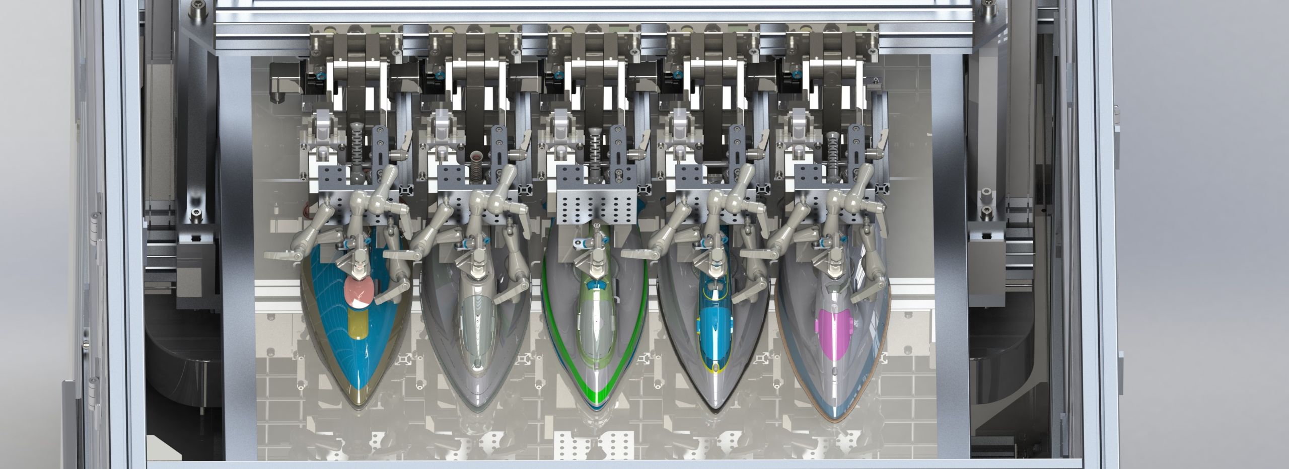 Automatisierte industrielle Prüfanlage mit fünf eingespannten Produkten für die Endprüfung und Qualitätskontrolle.